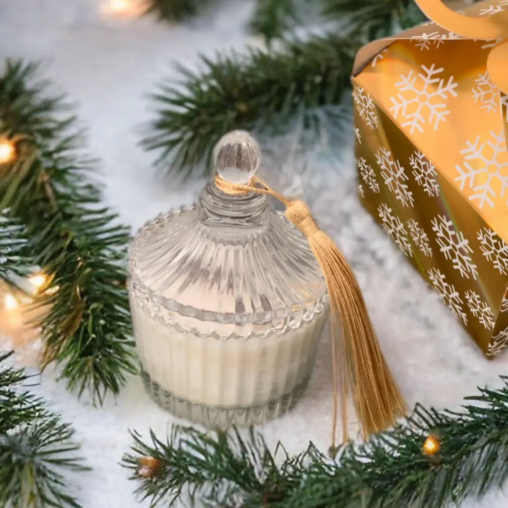 Lumânarea de Crăciun bombonieră cu parfum de lavandă, ambalată într-o cutie cadou aurie decor fulgi de nea pentru un cadou festiv deosebit
