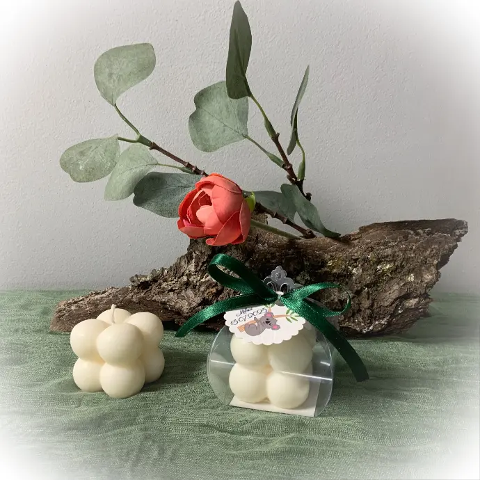 Mărturie lumânare ceară soia panglică verde cub bubble tag Koala Trio