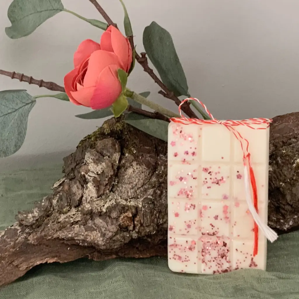 Mărțișor tabletă soia sclipici roz pudrat WaxMelts parfum floral