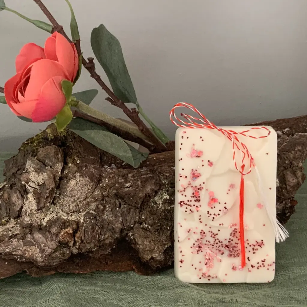 Mărțișor tabletă soia WaxMelts parfum floral sclipici roz pudrat