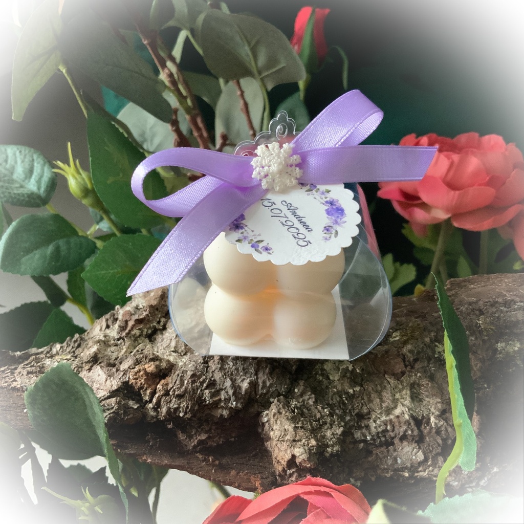 Mărturie lumânare soia cub mini bubble panglică satin lila cu floare