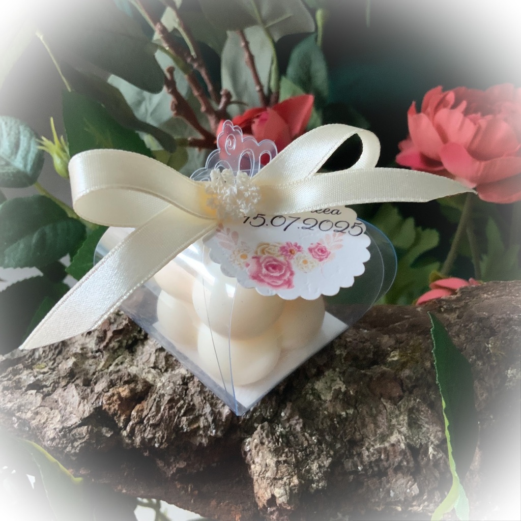 Mărturie lumânare soia mini bubble panglică satin alb crem cu floare