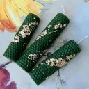 Set de trei lumânări ceară albine fagure verde ocru foiță aurie mici