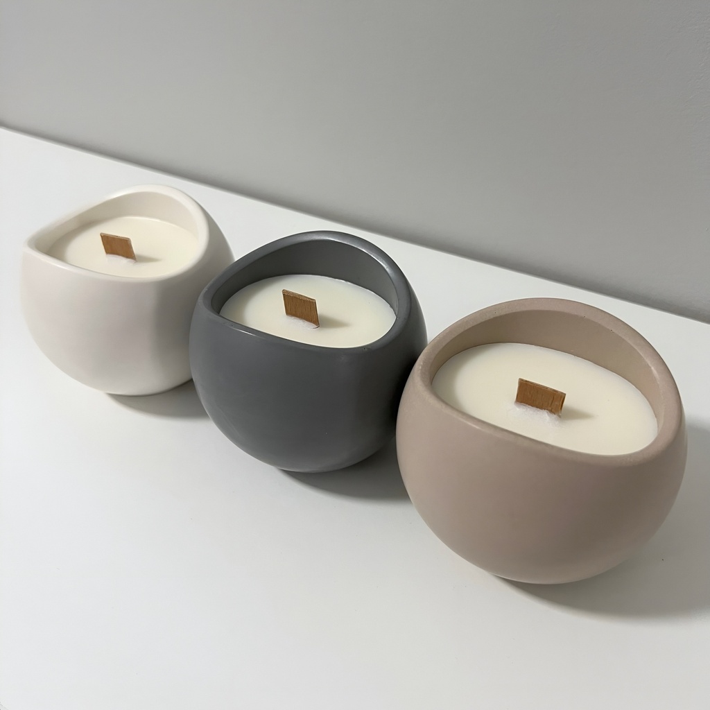 Set de 3 lumânări în recipiente decorative, în culori alb, bej și gri, design minimalist