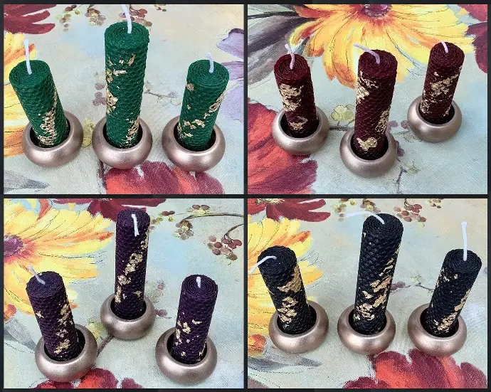 Set trei suporți pentru lumânări rotunzi aurii handmade și trei lumânări ceară albine fagure colorate