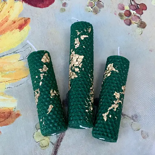 Set trei lumânări fagure verde intens foiță aurie mici