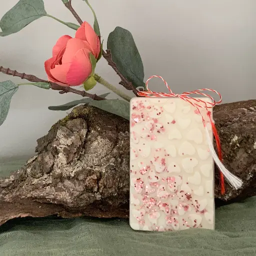 Mărțișor tabletă soia WaxMelts parfum floral sclipici roz