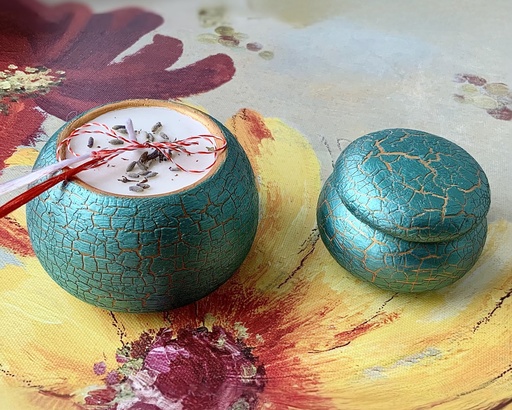 Set lumânare soia lavandă recipient ceramic turcoaz auriu